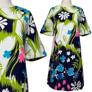 Vintage 60's 70's Mei Jan of Hawaii Blue Pink Green White Floral Hawaiian Dress